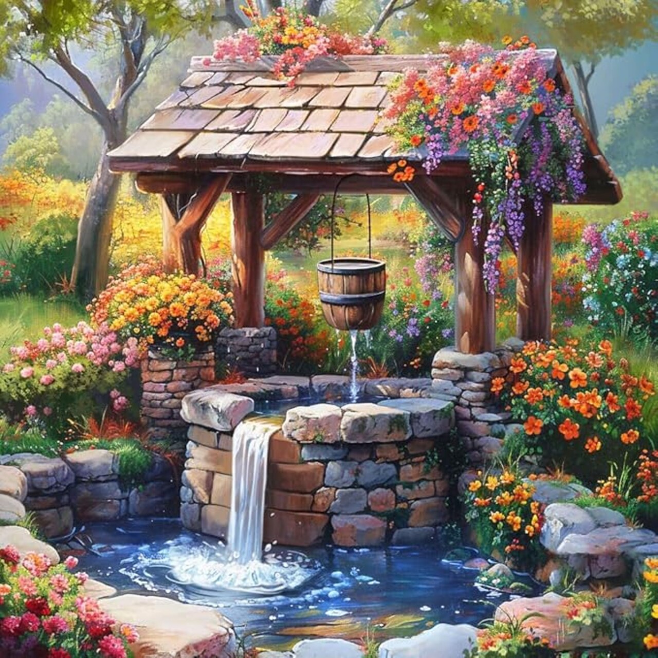 Garden Well Diamond Art Kits for Adults,Diamond Painting Kits for Adults Beginners, DIY Full 5D Round Drill Gem Art Kits for Gift Home Wall Decor【13.8x13.8inch】